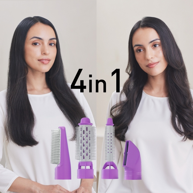 A woman demonstrating four different hairstyles achieved using a 4-in-1 hair styler.