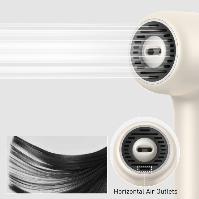 Diagram emphasizing the hair dryer's Horizontal Air Outlets. The main image shows straight airflow from the nozzle, with an inset of sleek, straight hair, and a magnified view highlighting the design of the horizontal air vents.