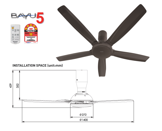 Bayu5 5 Blades Ceiling Fan F-M14D5VBPH (56")