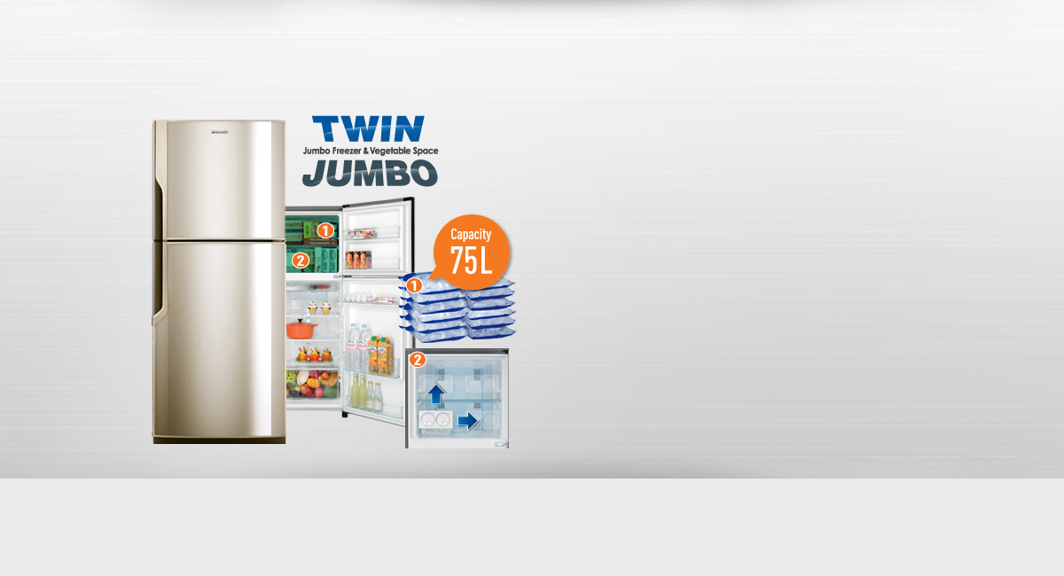 “Twin Jumbo” Large capacity enables bulk buying 75L