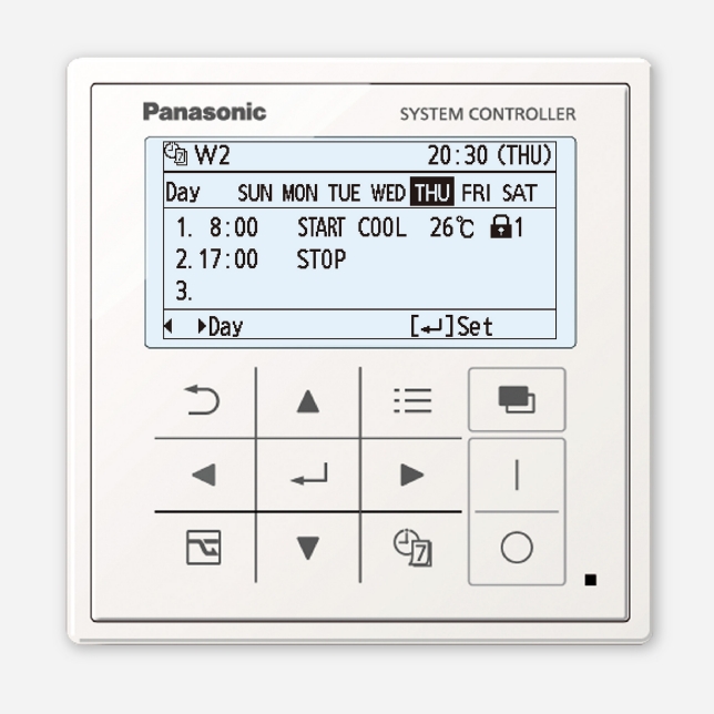Pre-programme up to 56 settings for the week.  Up to 8 settings per day: ON/OFF, mode, room temperature, and remote controller local operation prohibition.