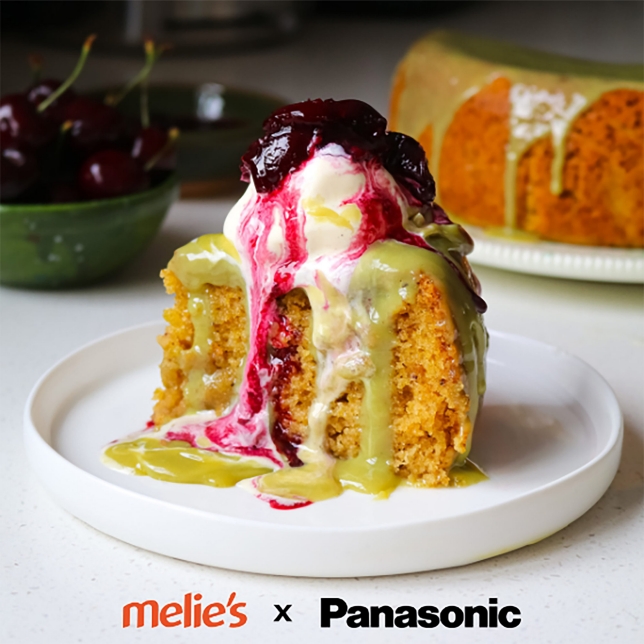 Sticky Pistachio Steamed Pudding with Sour Cherry Compote & Pistachio Sauce