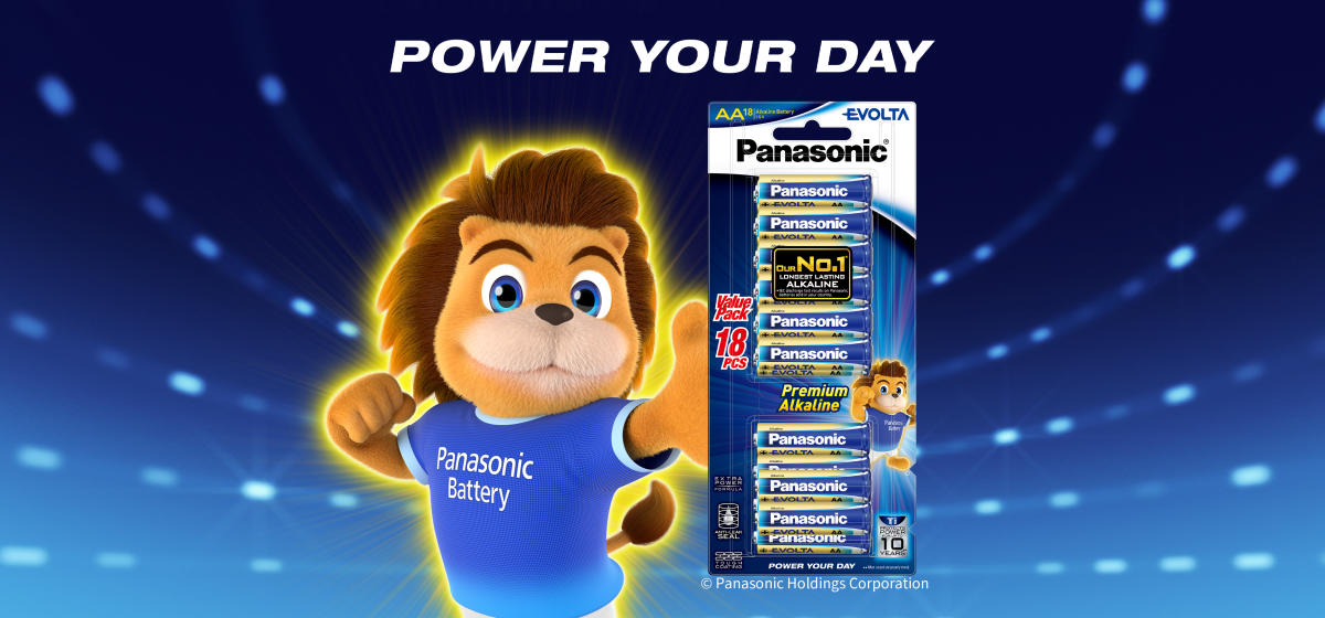 Product photo with mascot for the Panasonic LR6EG-18B AA-size EVOLTA batteries
