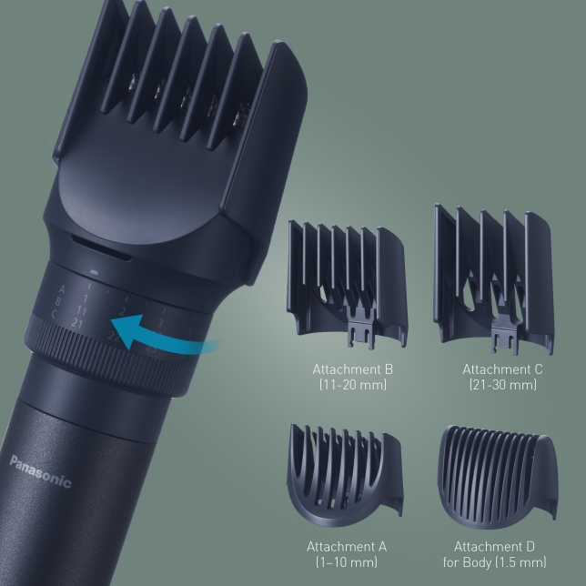 Graphic showing 4 Multishape comb attachments with 58 length settings