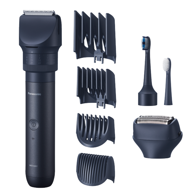 Photo of ER-CKL2-PAC1 – MULTISHAPE Travel Pack with beard/hair/body trimmer, razor and toothbrush attachments, and a rechargeable lithium-ion battery.