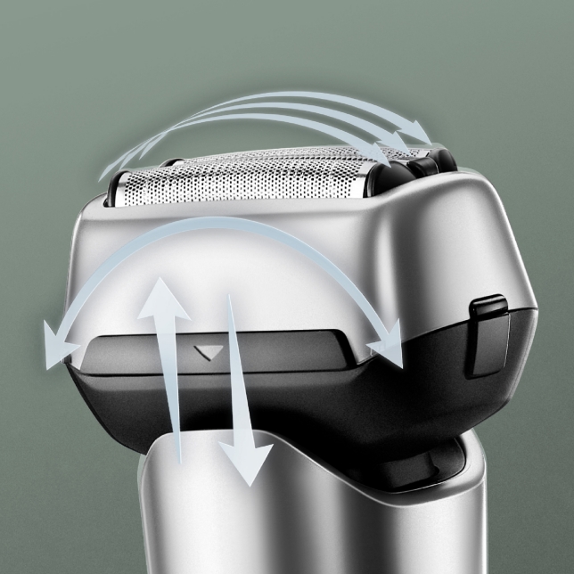 Close-up of the shaver head with arrows showing movement up, down and sideways for flexibility