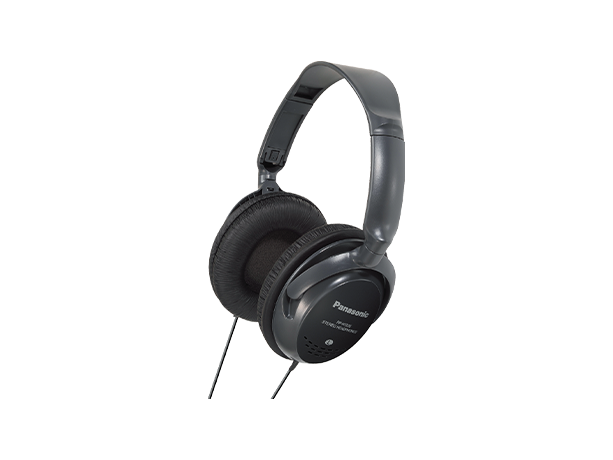 Panasonic RP-HT225 over-ear stereo headphones: sleek gray headband, thick black padded ear cups, wired design, labeled 'L' (left) and brand/model details.