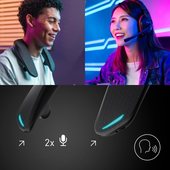 Person wearing speakers with dual microphones, enabling clear voice communication