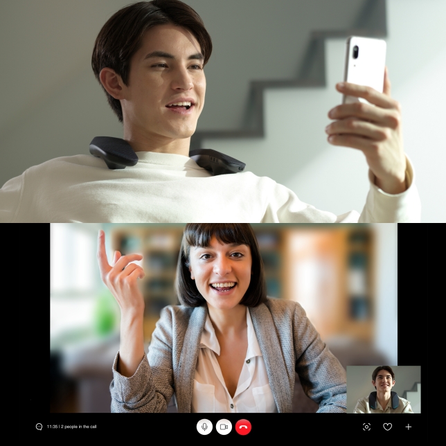 User on a video call wearing SC-GNW30, connected via Bluetooth to a smart phone.