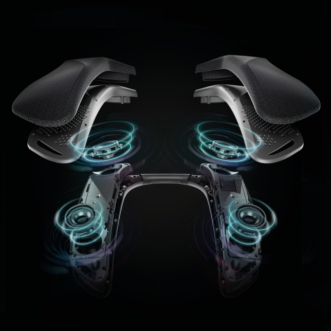 Speaker with black mesh and blue light effects symbolizing 4-channel surround sound experience