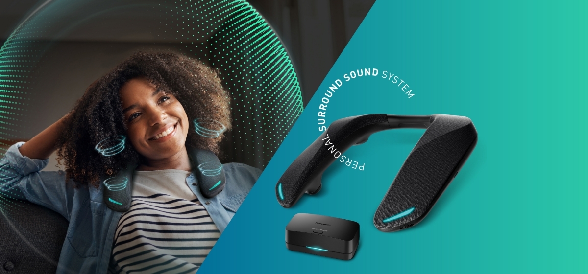 SC-GNW30 neck speaker shown resting on shoulders, designed for immersive personal surround sound.