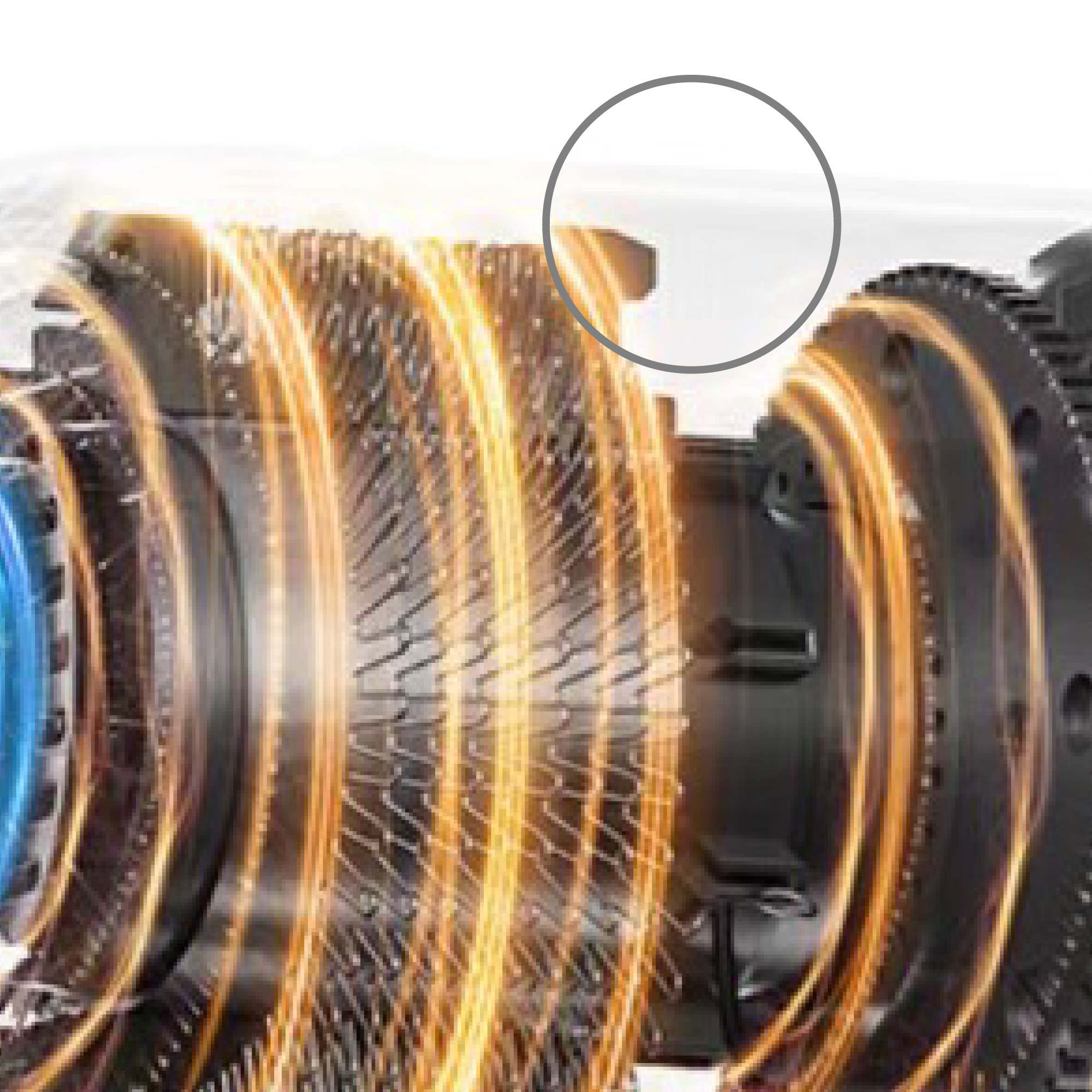 Extreme close-up, translucent diagram of the hair dryer's internal high-speed motor, showing glowing copper coils and bright blue and orange energy paths, emphasizing powerful internal performance.