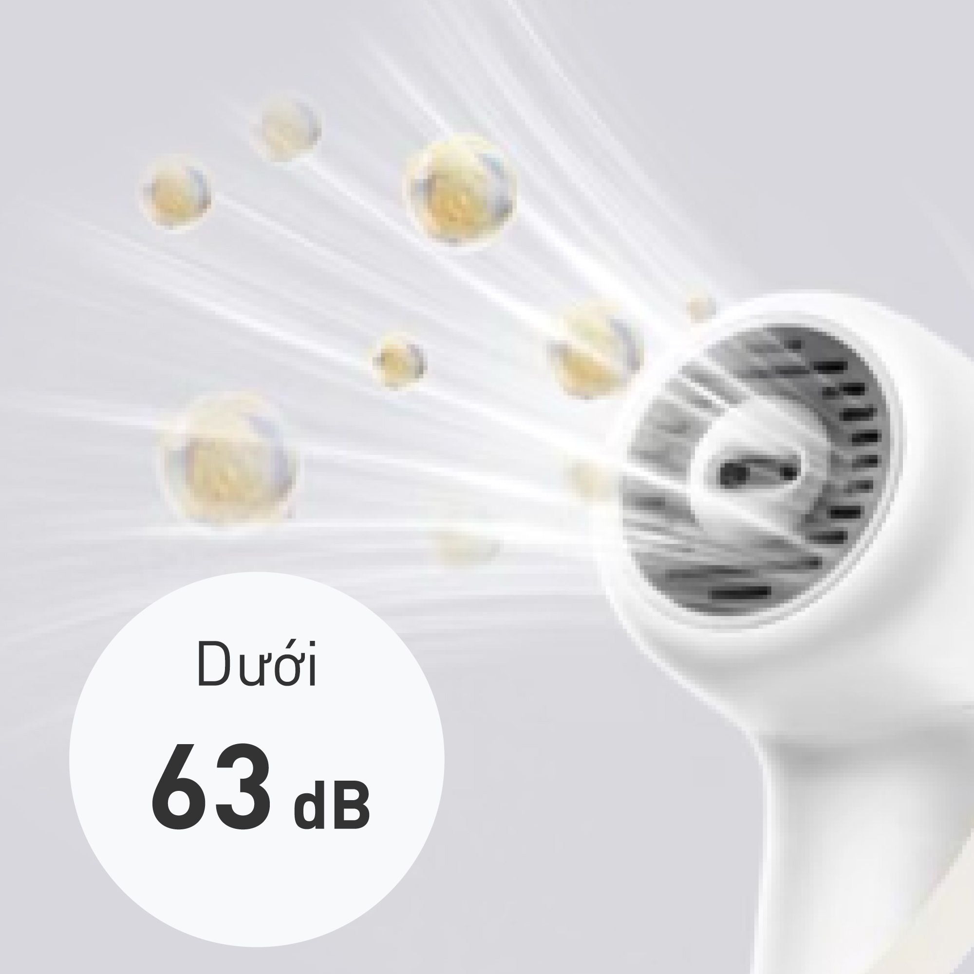 Promotional image highlighting the quiet operation of the hair dryer. A woman is shown using the dryer near her face, with a callout indicating a noise level of 'Less than 63 dB'.