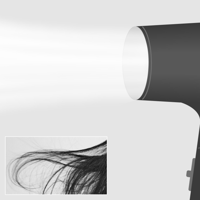 Stylized comparison graphic showing the silhouette of a standard hair dryer on the right, contrasted with a small inset image of dry, flyaway hair on the bottom left, suggesting uncontrolled airflow.