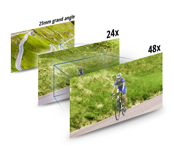 Objectif grand-angle 25 mm* et zoom optique 24x : soyez polyvalent